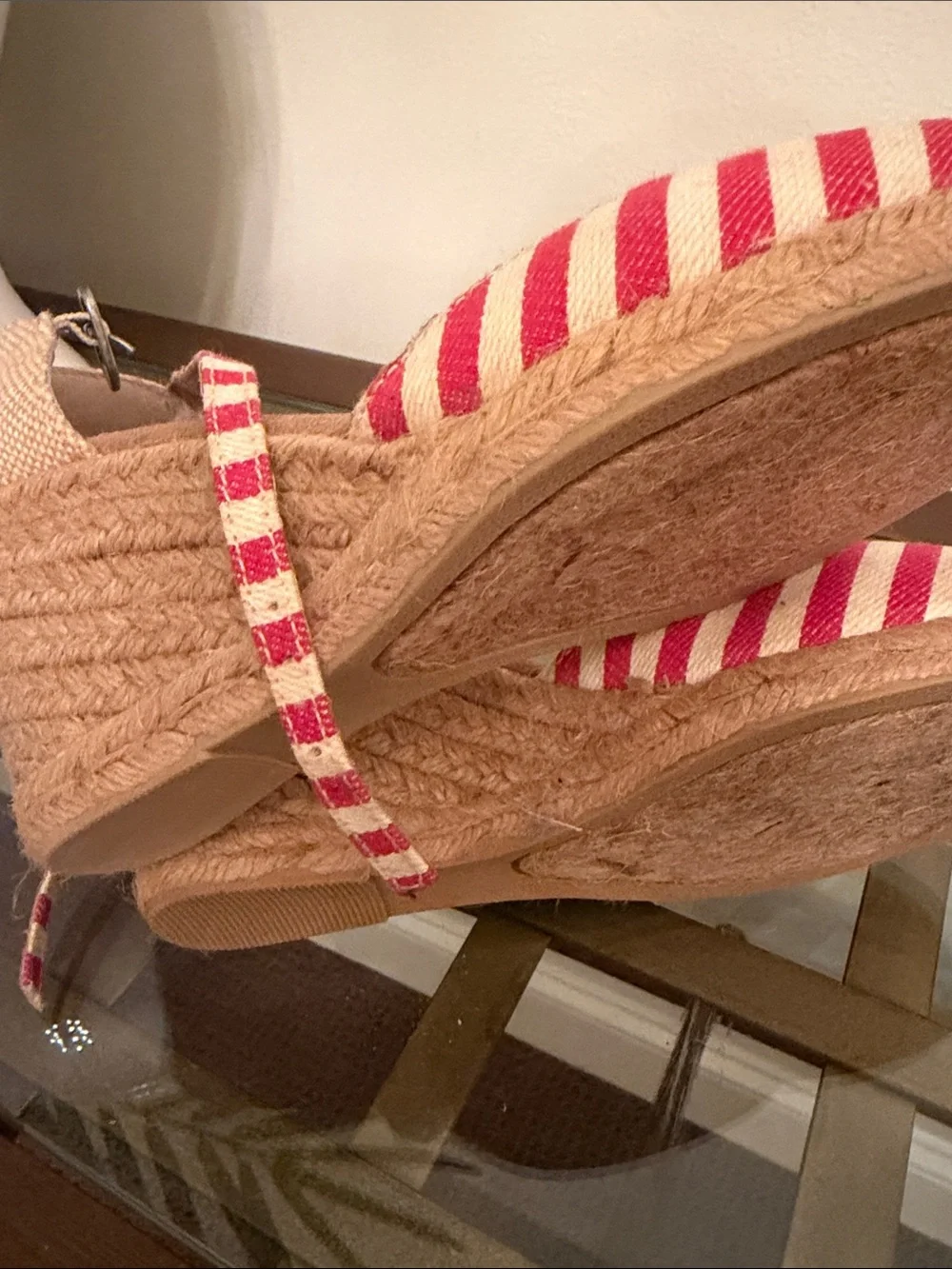 White Mountain Red and Cream Striped Espadrille Wedges